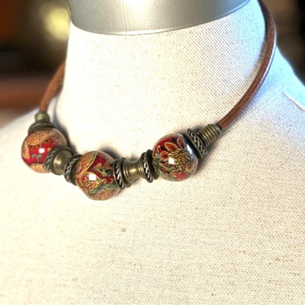 Vintage Boho Ceramic Necklace, Leather Cord Choker - Picture 2 of 6
